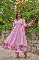 Pink Embroidared + Hand Work Chanderi Silk Kurta Set