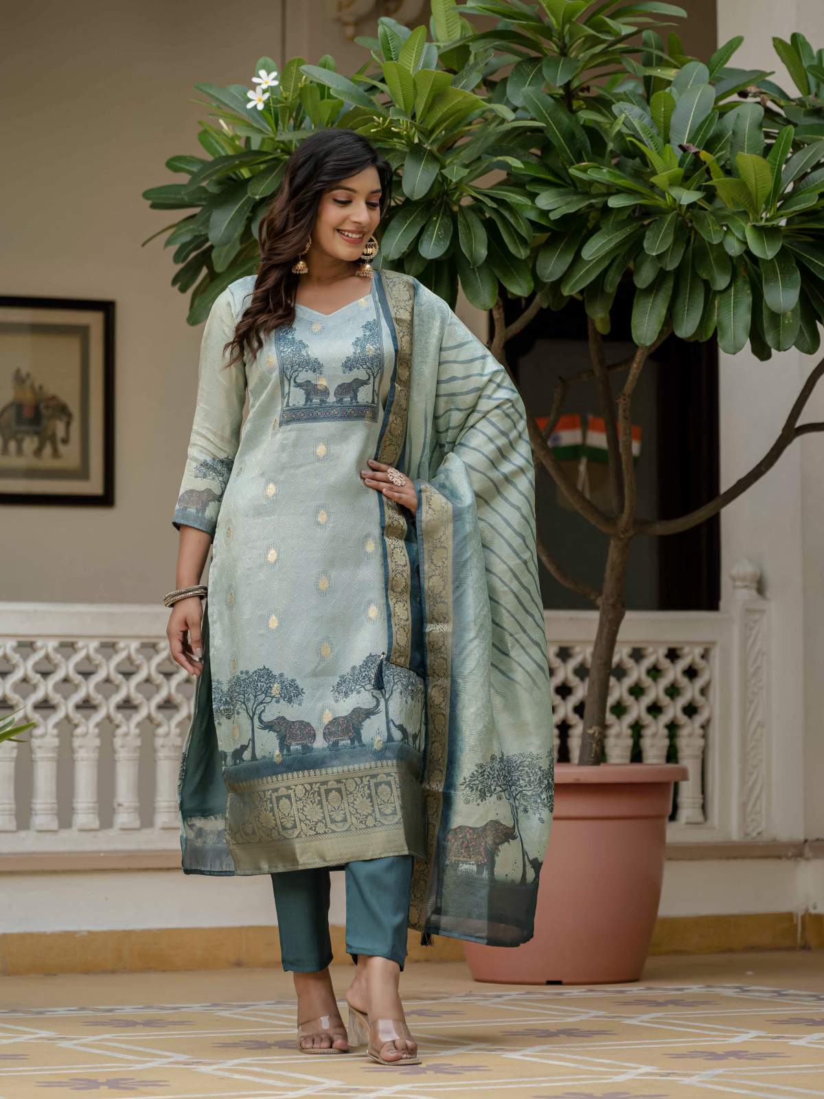 Blue Printed Jacquard Silk With Cotton Lining Kurta Set