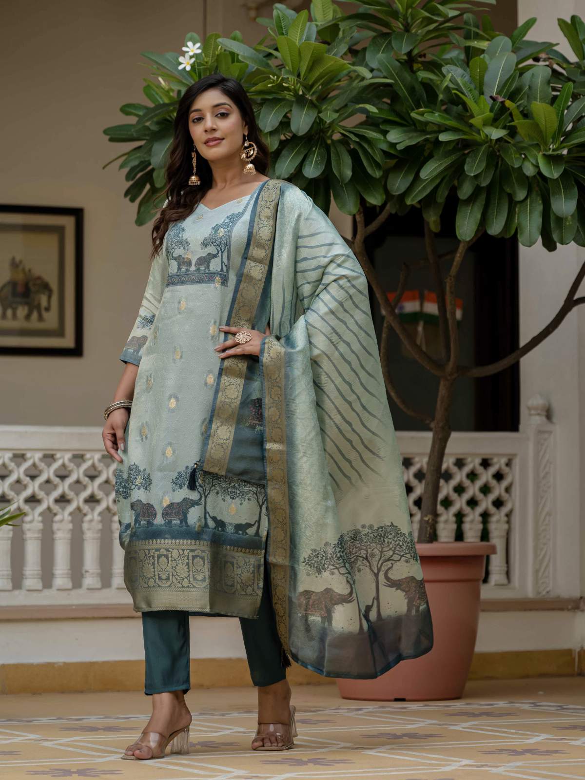 Blue Printed Jacquard Silk With Cotton Lining Kurta Set