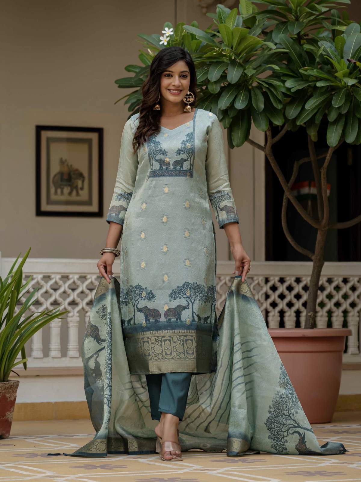 Blue Printed Jacquard Silk With Cotton Lining Kurta Set