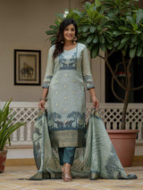 Blue Printed Jacquard Silk With Cotton Lining Kurta Set