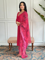 Fuchsia Thread Rayon Kurta Set with Dupatta V-Neck