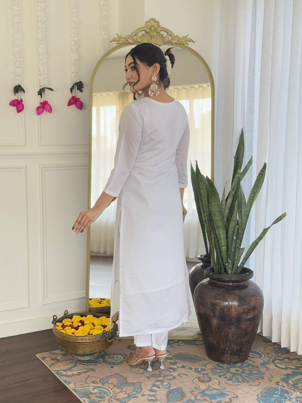 White Embroidery Viscose Chanderi Kurta Set