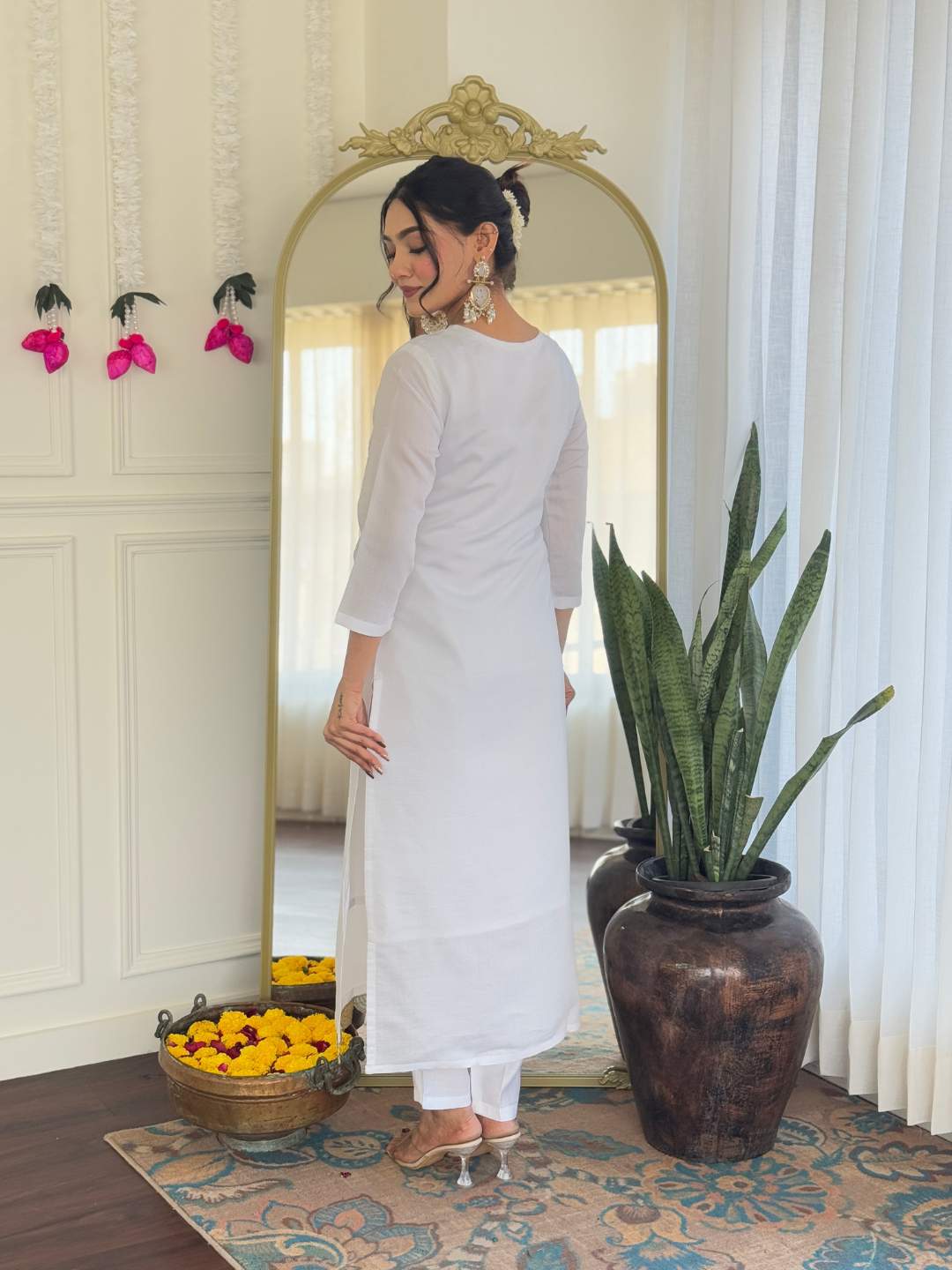 White Embroidery Viscose Chanderi Kurta Set