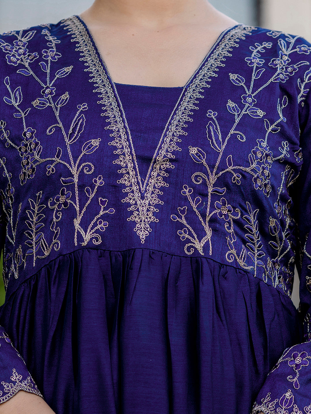 Blue Embroidery Vichitra Silk Kurta Set