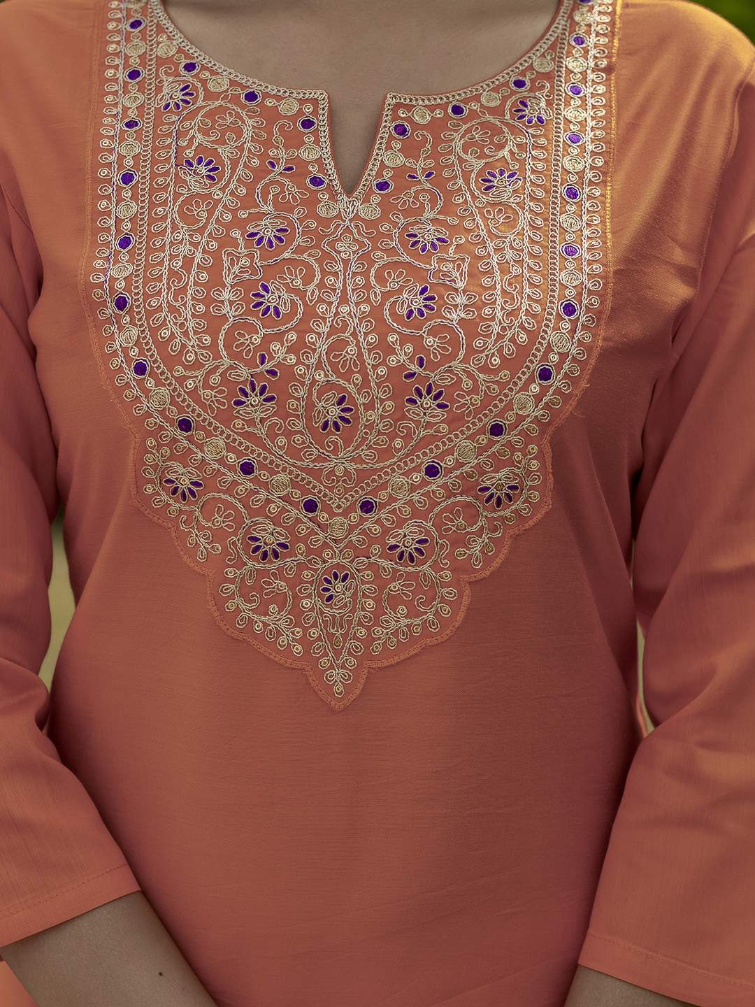 Orange Embroidery Rayon Kurta Set