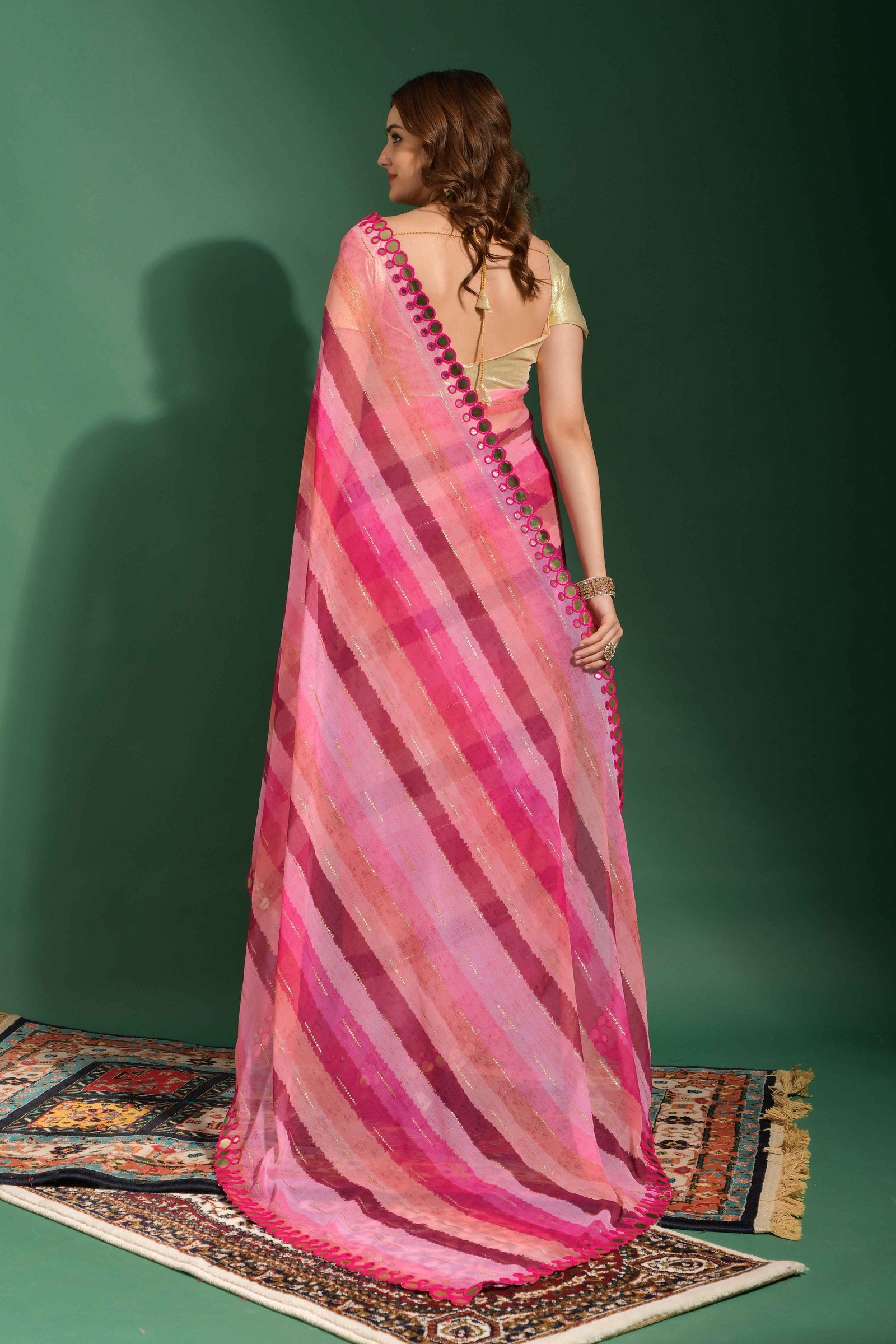 Multicolor Leriya Print Chiffon Saree with Mirror Work