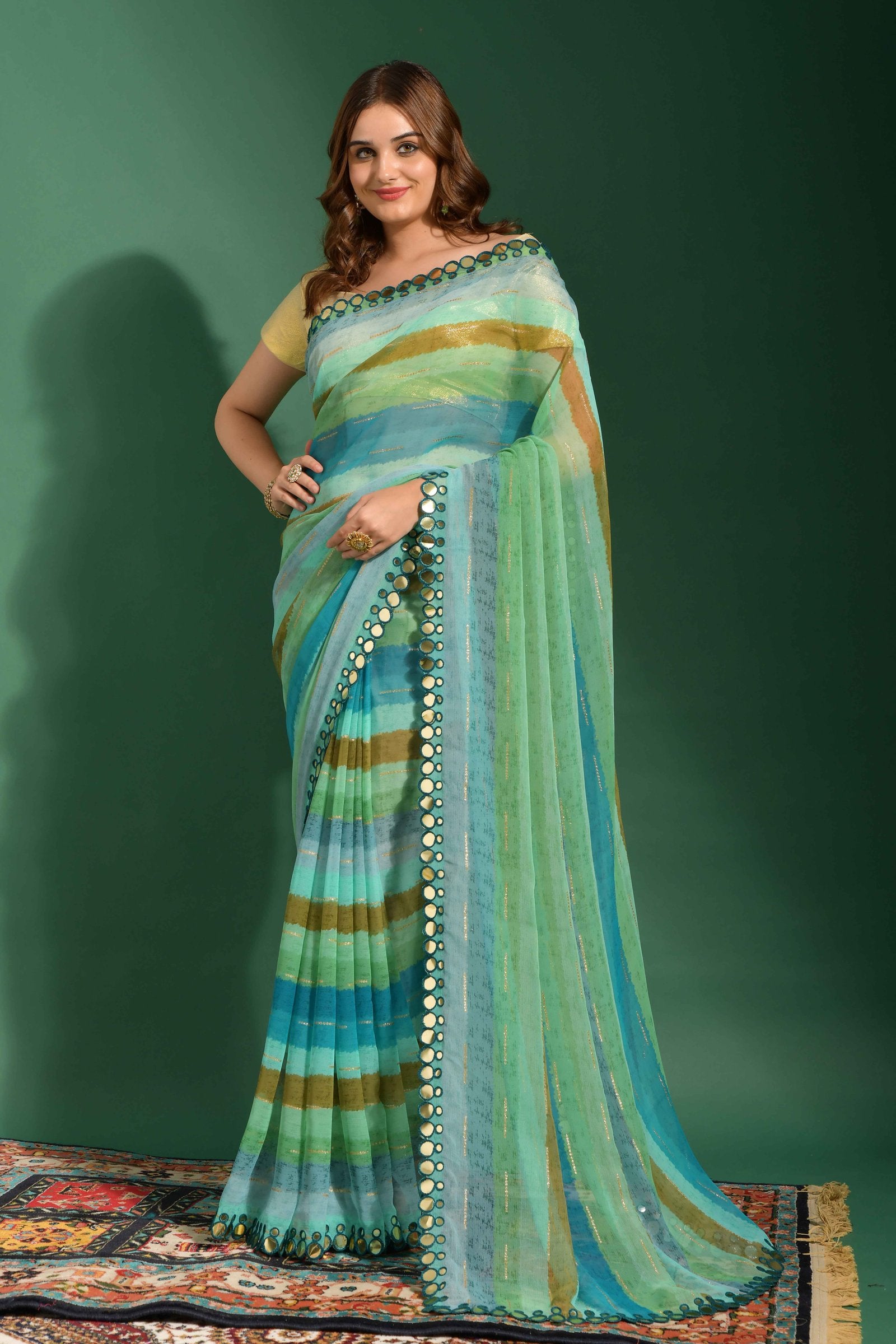 Multicolor Leriya Print Chiffon Saree with Mirror Work