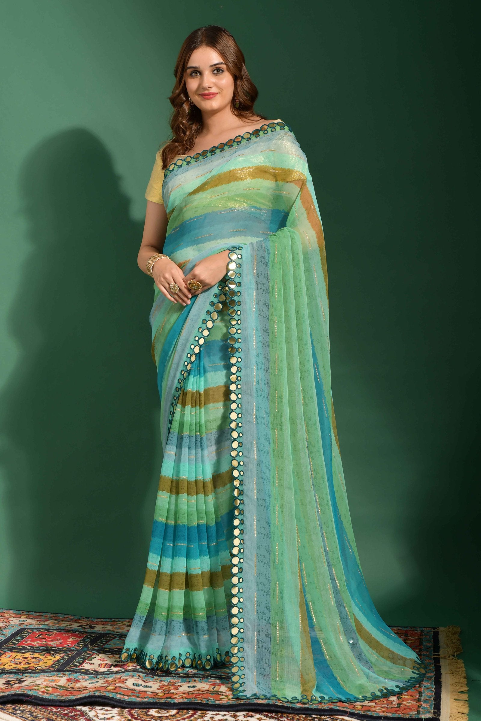 Multicolor Leriya Print Chiffon Saree with Mirror Work