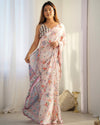 Cream Floral Print Chinnon Saree with Kutchi Mirror Work