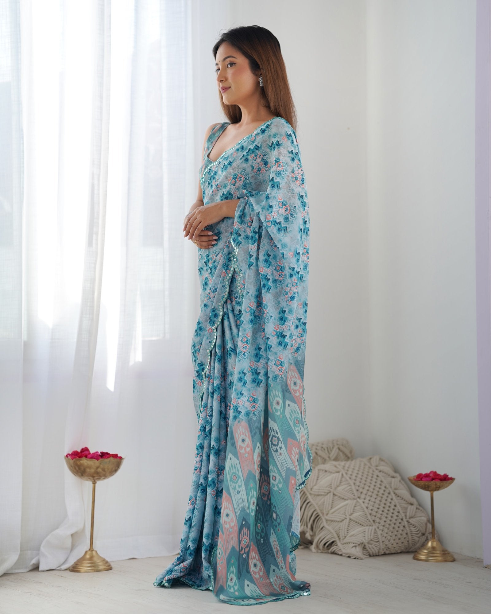 Sky Blue Printed Chinnon Saree with Kutchi Mirror Work Border