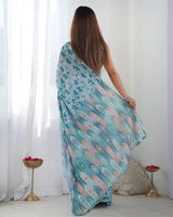 Sky Blue Printed Chinnon Saree with Kutchi Mirror Work Border