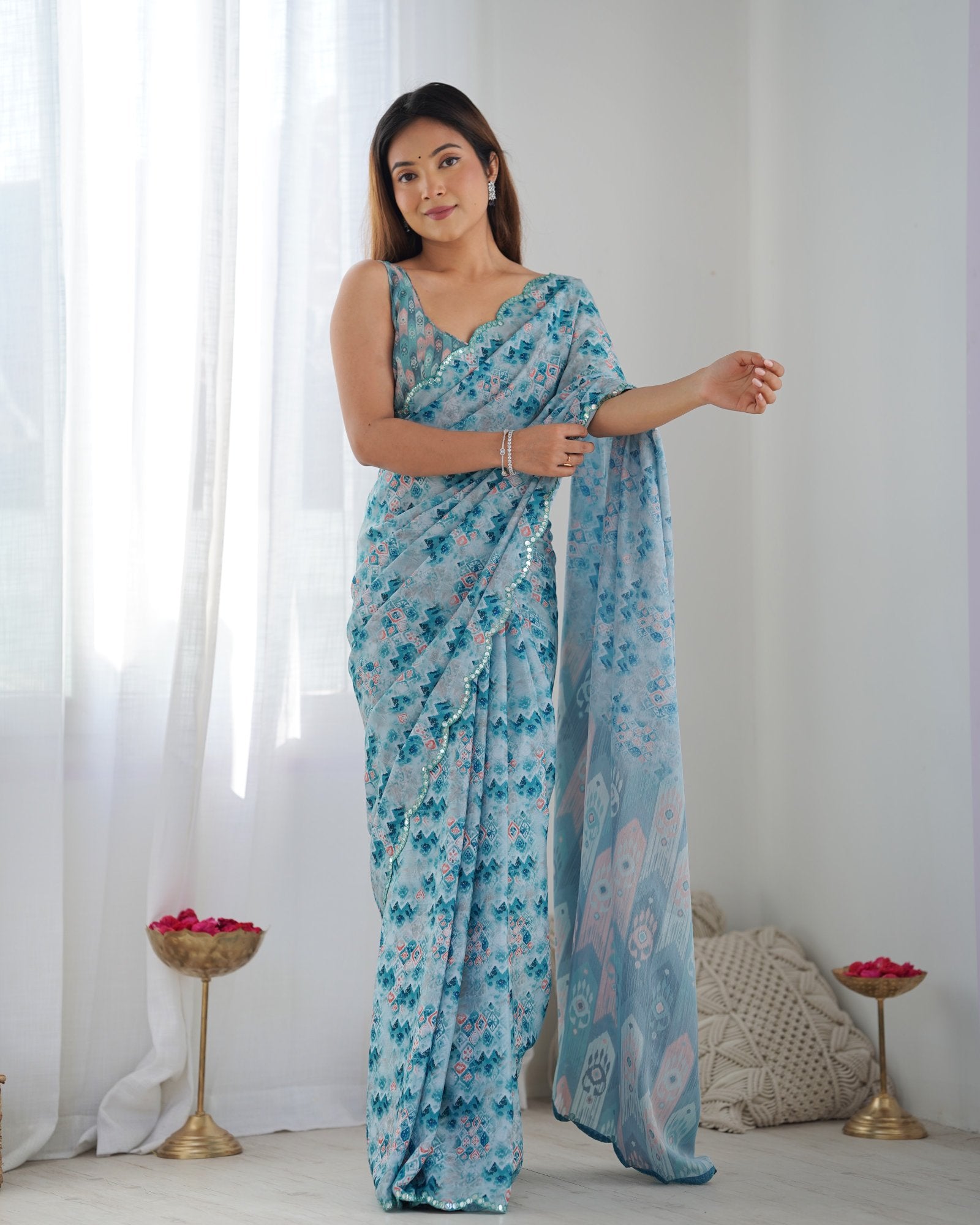 Sky Blue Printed Chinnon Saree with Kutchi Mirror Work Border