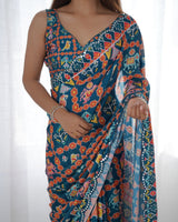 Teal Blue Multicolor Chinnon Saree with Kutchi Work Mirror Border