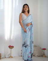Sky Blue Chinnon Saree with Floral Print & Mirror Border