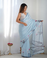 Sky Blue Chinnon Saree with Floral Print & Mirror Border