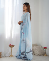 Sky Blue Chinnon Saree with Floral Print & Mirror Border