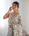 White Printed Chinnon Saree with Kutchi Mirror Work Border
