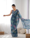Teal Chinnon Saree with Bandhani Print & Mirror Work Blouse