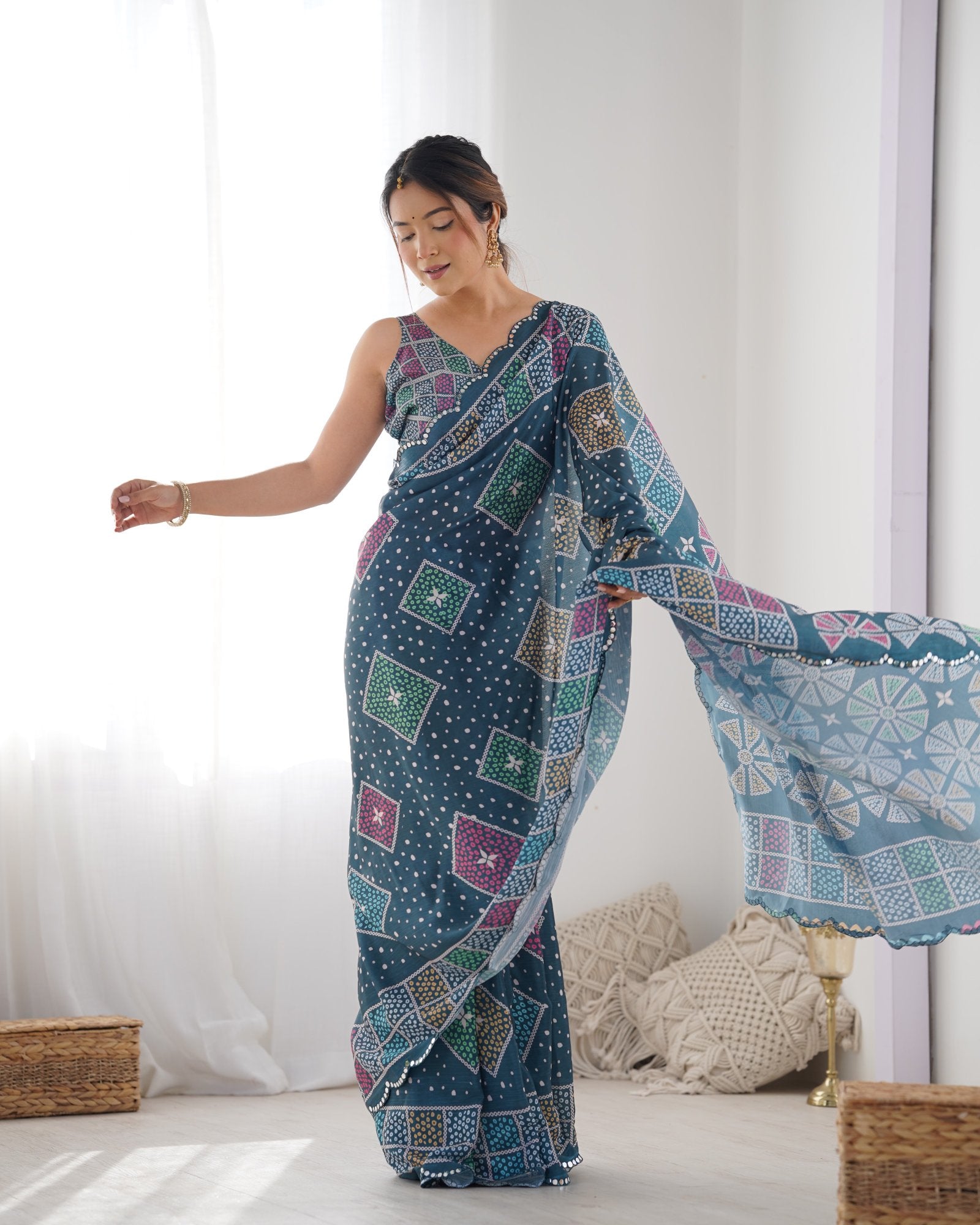 Teal Chinnon Saree with Bandhani Print & Mirror Work Blouse