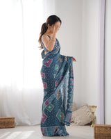 Teal Chinnon Saree with Bandhani Print & Mirror Work Blouse