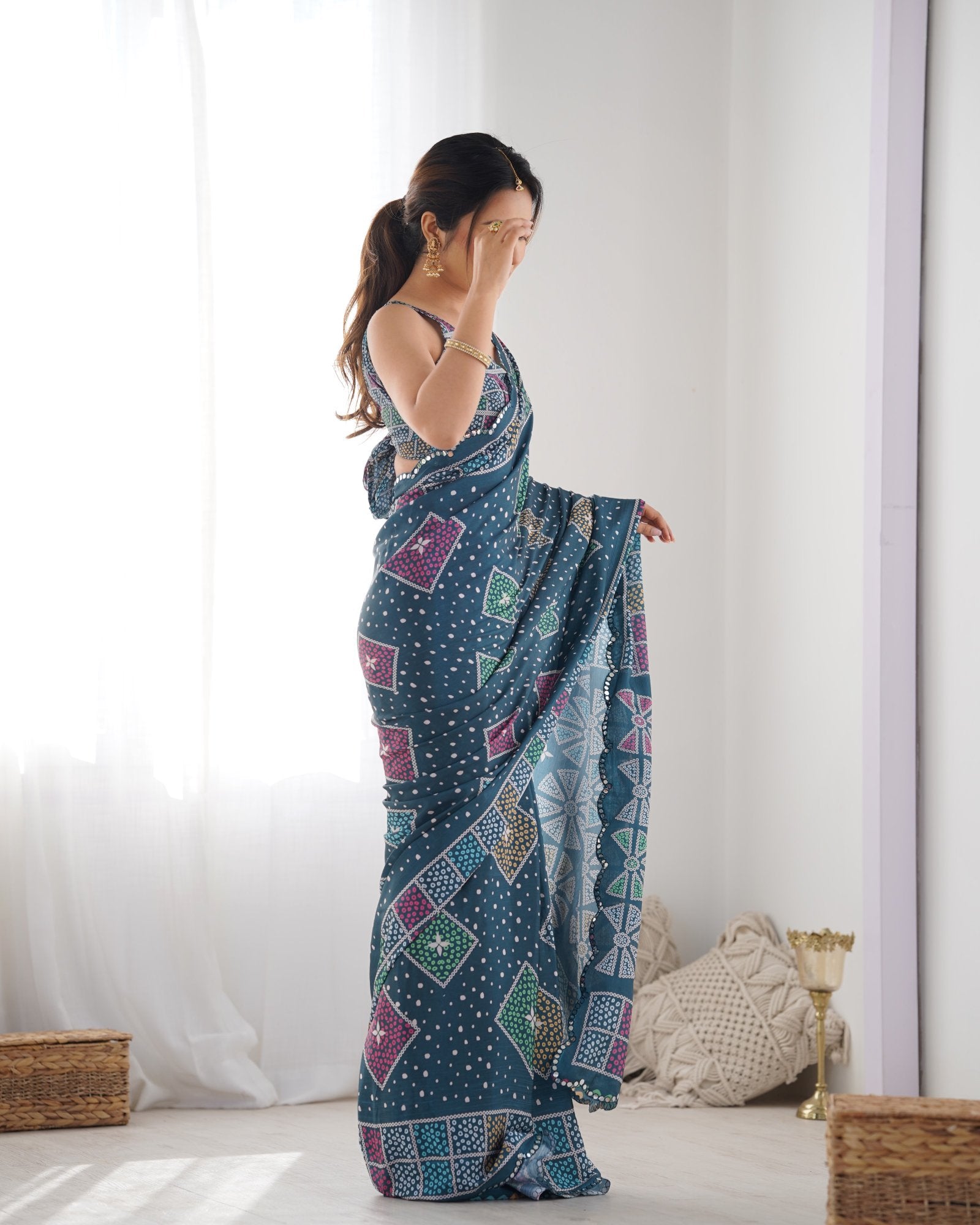 Teal Chinnon Saree with Bandhani Print & Mirror Work Blouse