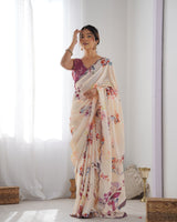 Cream Floral Chinnon Saree with Kutchi Mirror Work Border