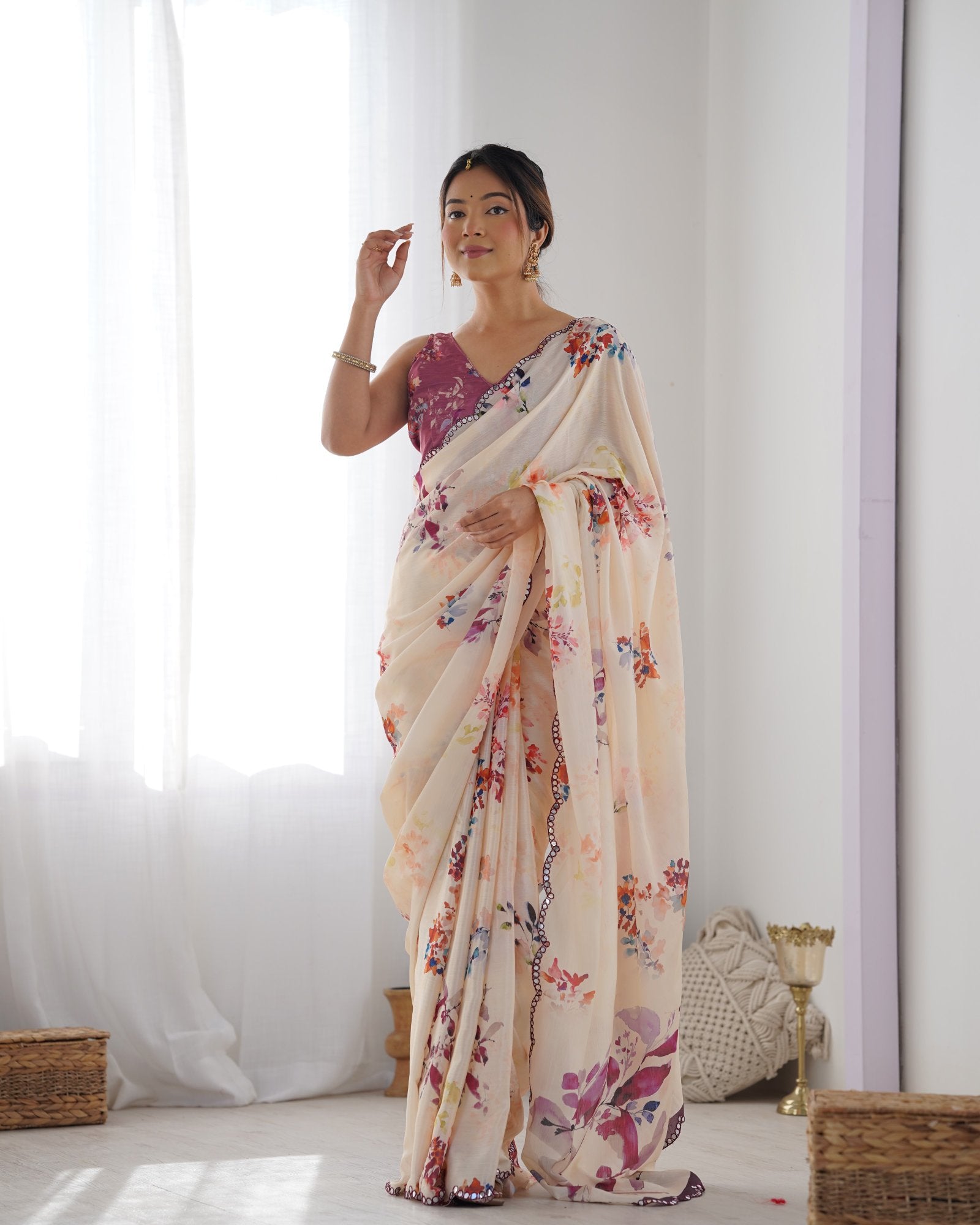 Cream Floral Chinnon Saree with Kutchi Mirror Work Border