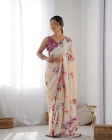 Cream Floral Chinnon Saree with Kutchi Mirror Work Border