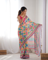 Vibrant Multicolor Chinnon Saree with Kutchi Mirror Work