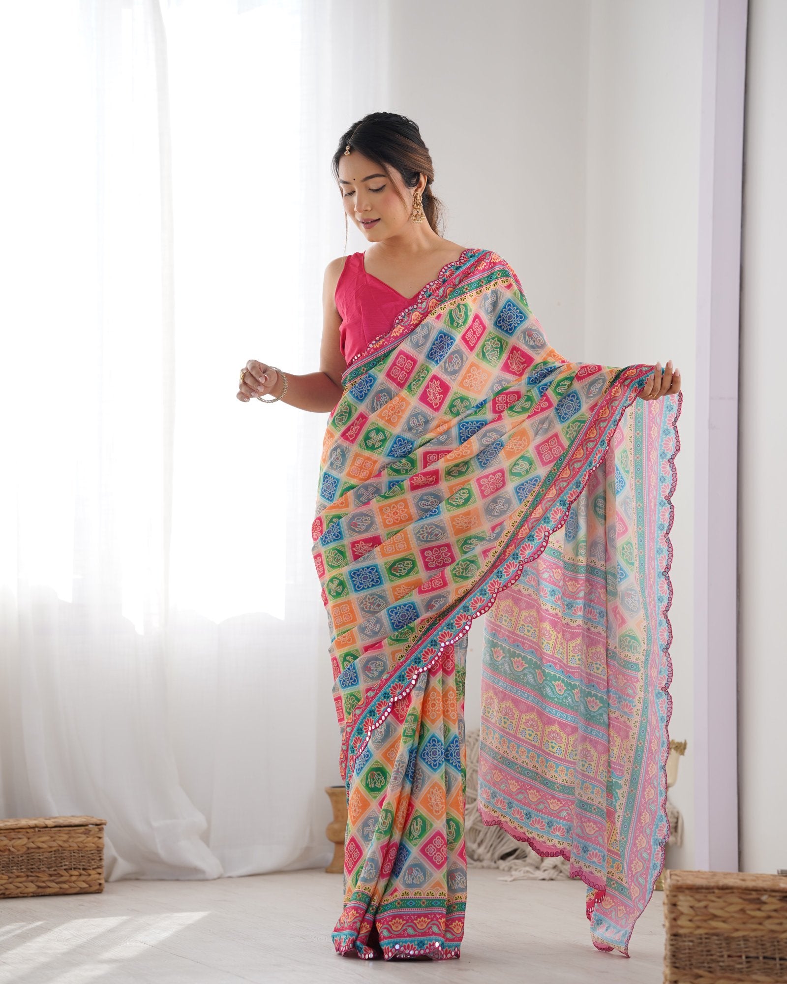 Vibrant Multicolor Chinnon Saree with Kutchi Mirror Work