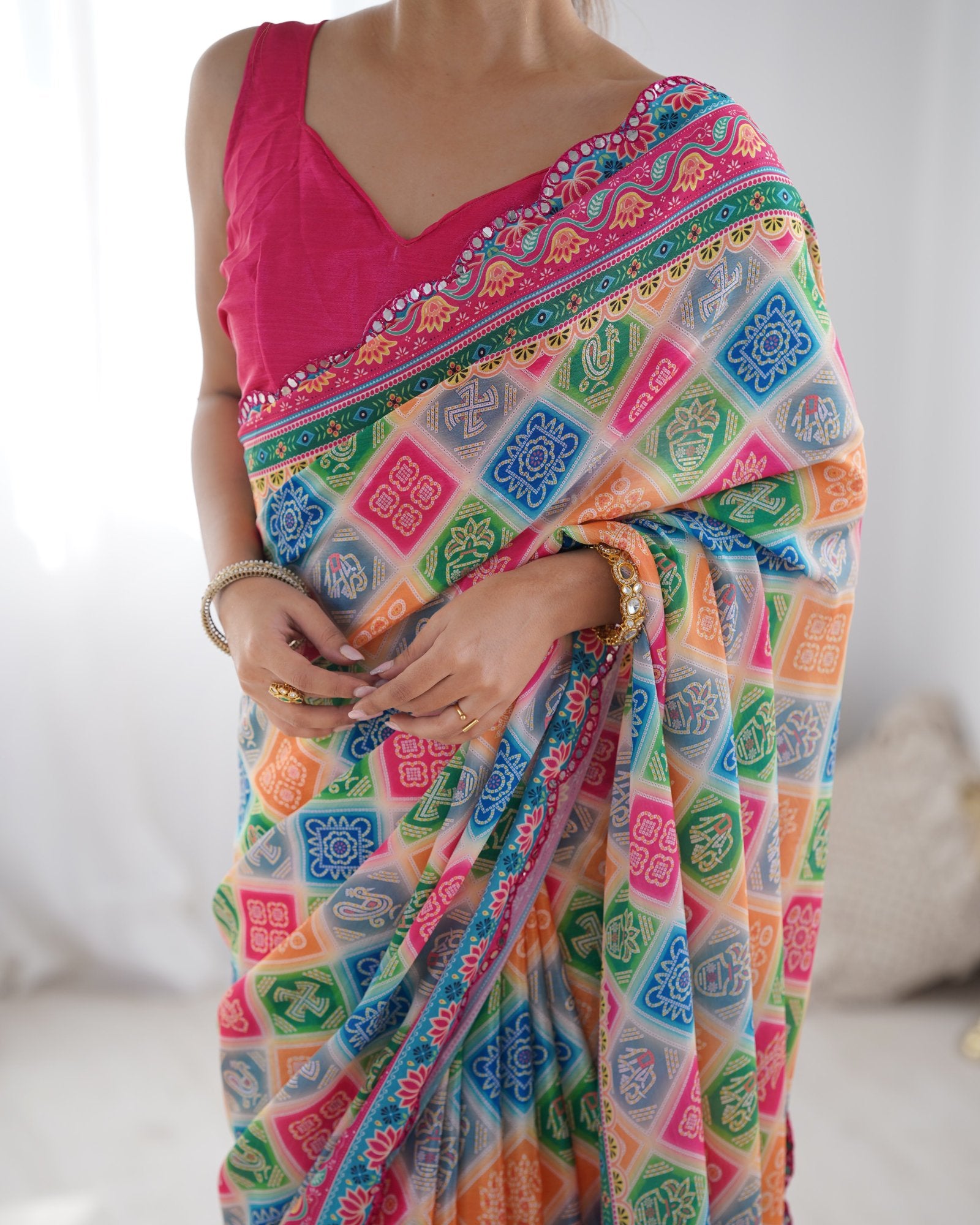 Vibrant Multicolor Chinnon Saree with Kutchi Mirror Work