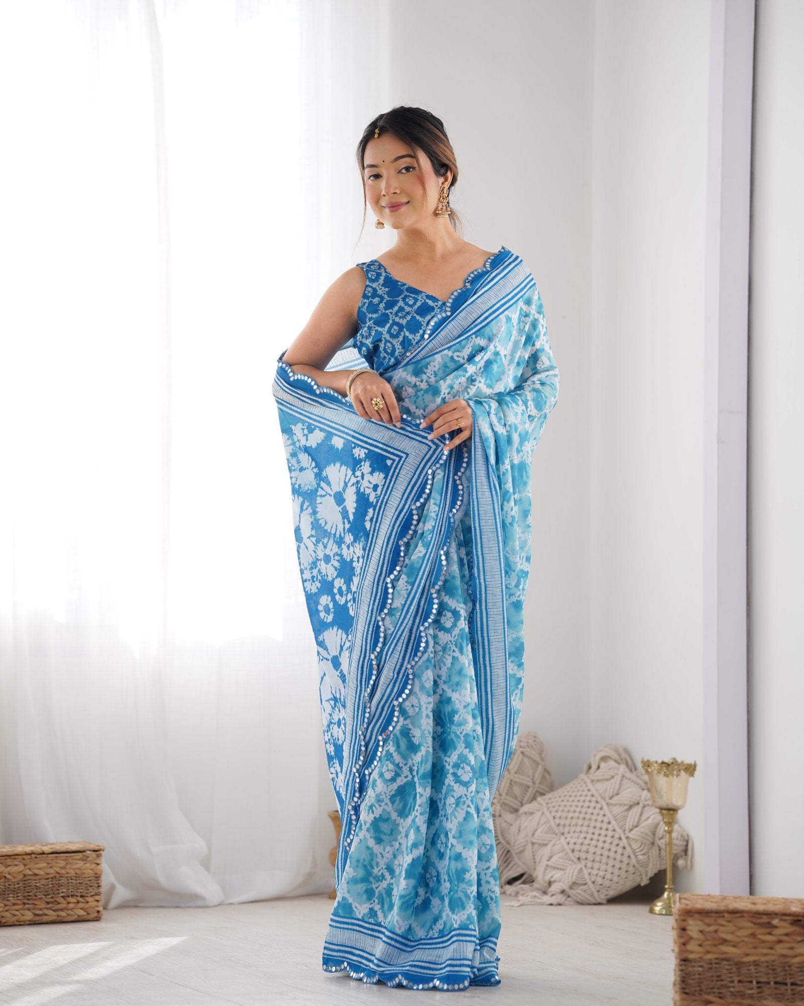 DVS-21 Blue & White Chinnon Saree with Kutchi Mirror Work