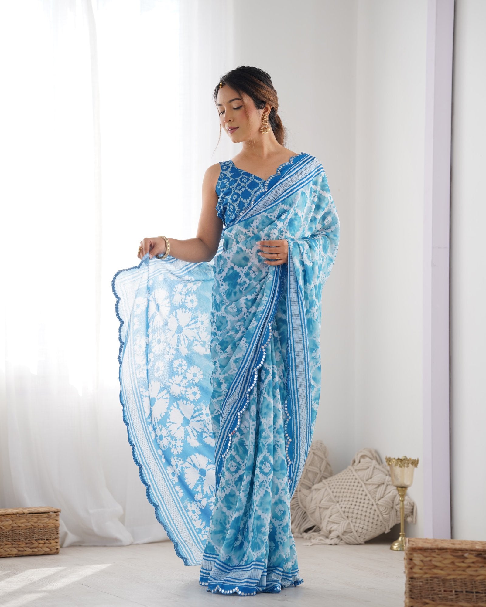 DVS-21 Blue & White Chinnon Saree with Kutchi Mirror Work