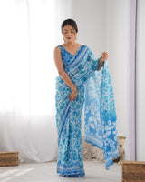 DVS-21 Blue & White Chinnon Saree with Kutchi Mirror Work