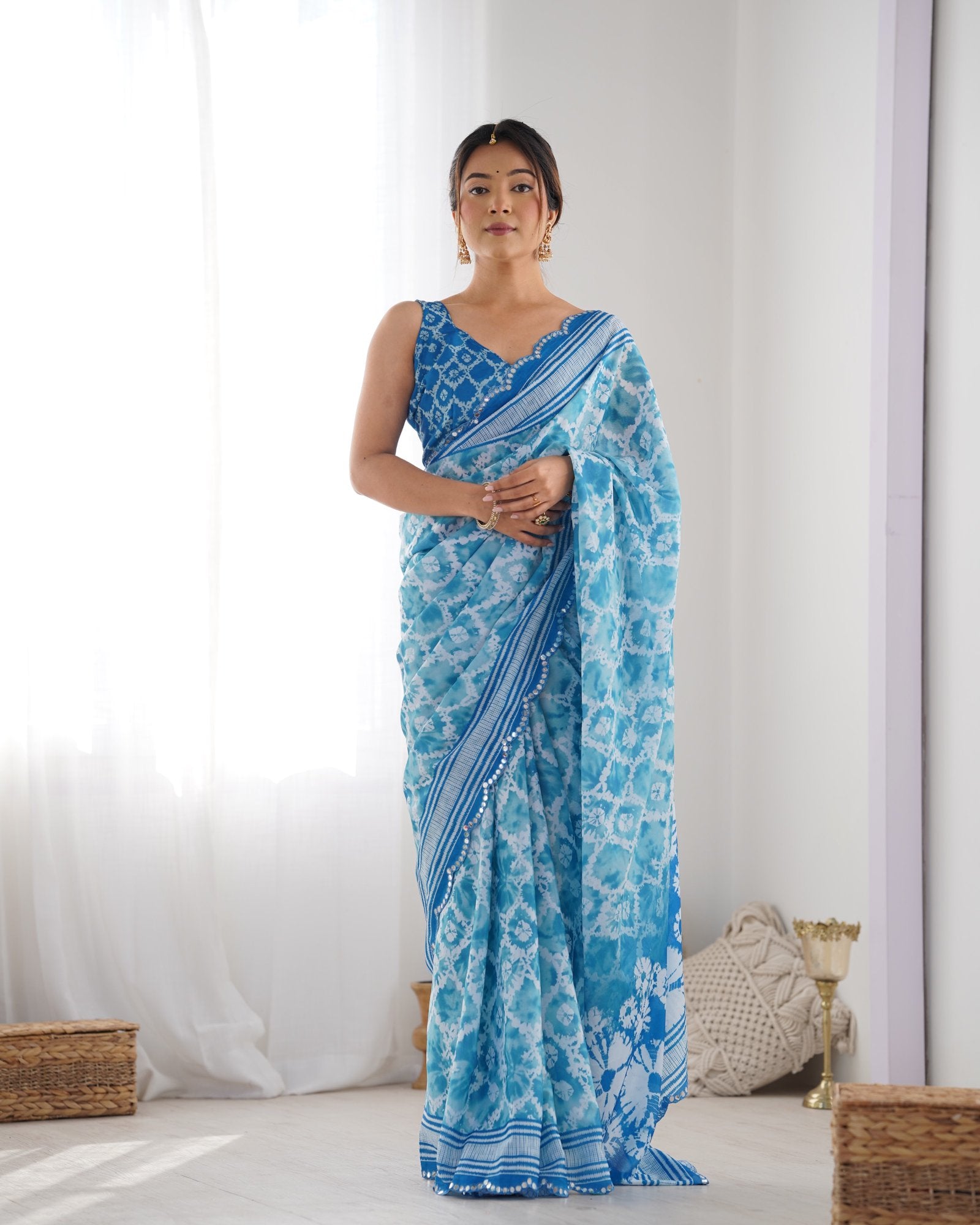 DVS-21 Blue & White Chinnon Saree with Kutchi Mirror Work