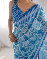 DVS-21 Blue & White Chinnon Saree with Kutchi Mirror Work