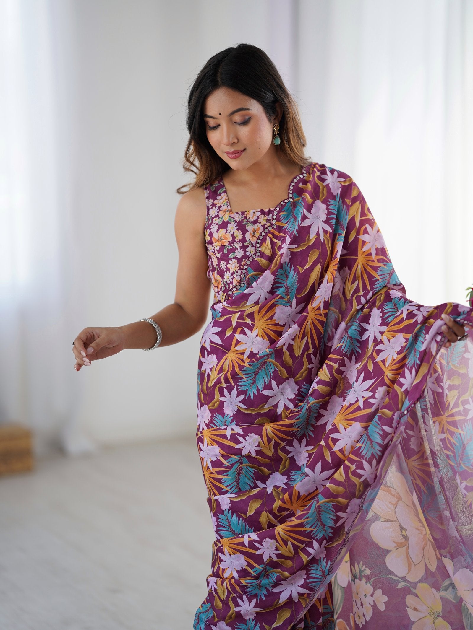Multicolor Heavy Chinnon Floral Print Saree with Kutchi Work Border