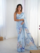 Sky Blue Chinnon Saree with Kutchi Mirror Work Border