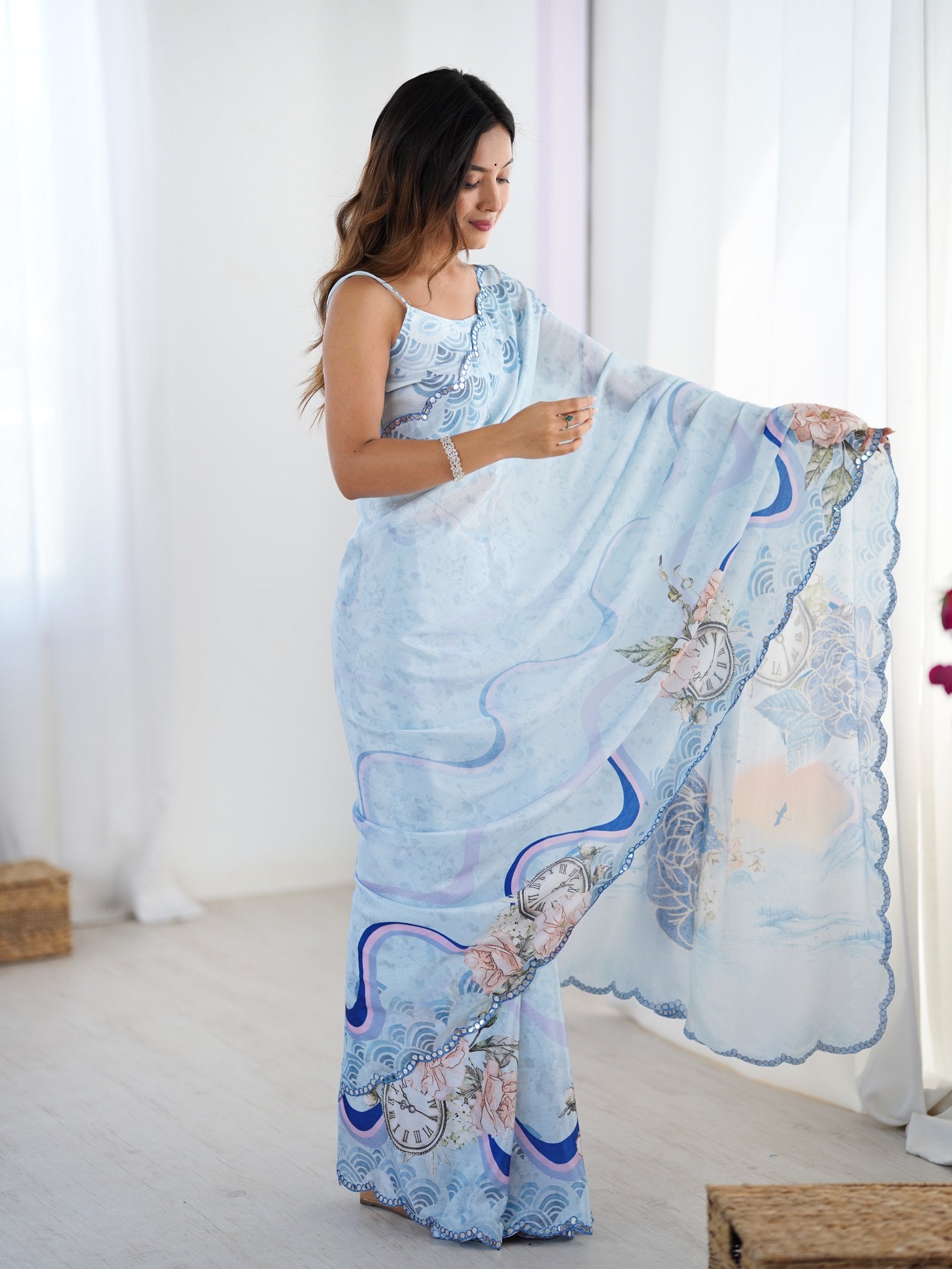 Sky Blue Chinnon Saree with Kutchi Mirror Work Border