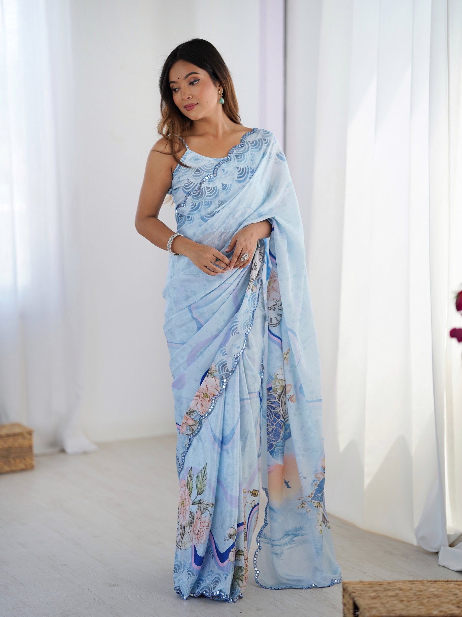 Sky Blue Chinnon Saree with Kutchi Mirror Work Border