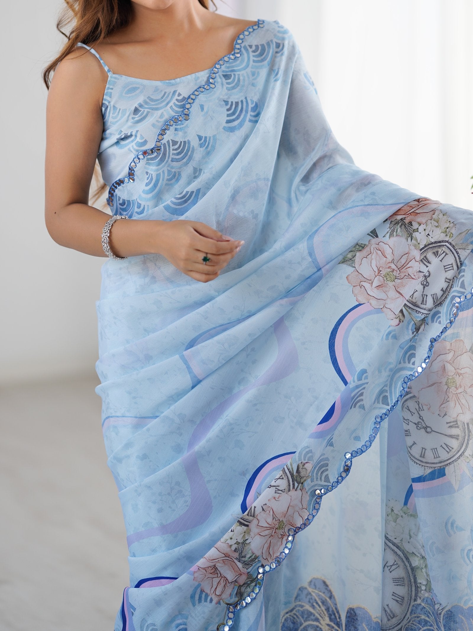 Sky Blue Chinnon Saree with Kutchi Mirror Work Border