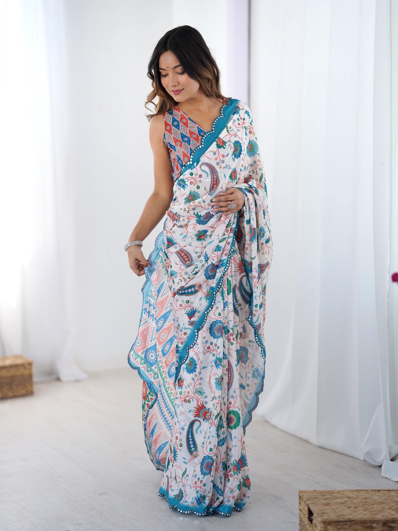 White Printed Chinnon Saree with Kutchi Mirror Border