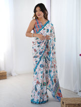 White Printed Chinnon Saree with Kutchi Mirror Border