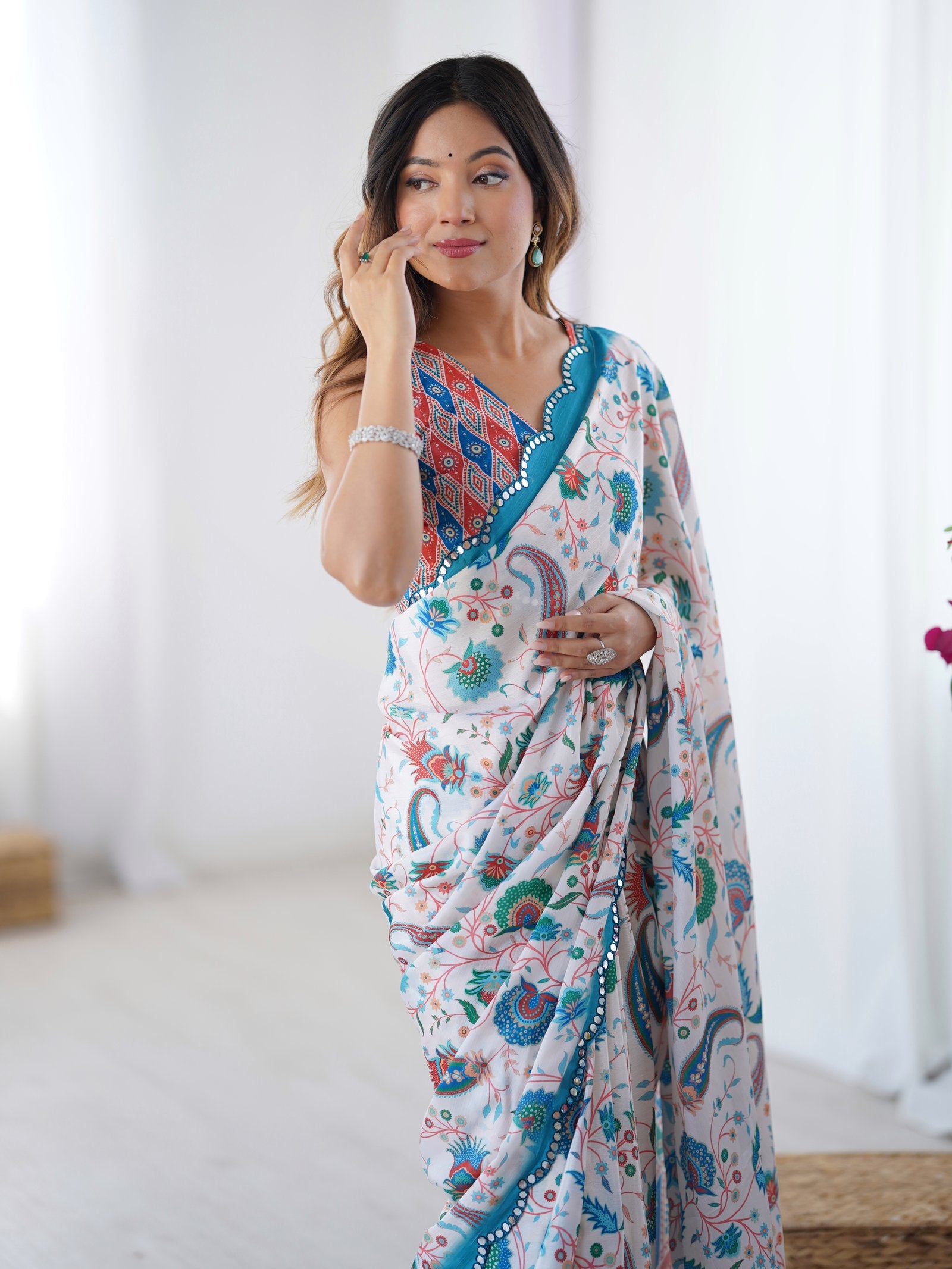 White Printed Chinnon Saree with Kutchi Mirror Border