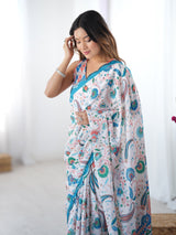 White Printed Chinnon Saree with Kutchi Mirror Border