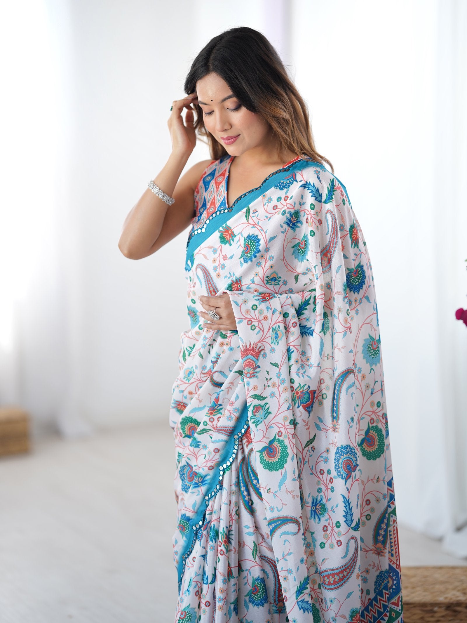 White Printed Chinnon Saree with Kutchi Mirror Border