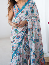 White Printed Chinnon Saree with Kutchi Mirror Border
