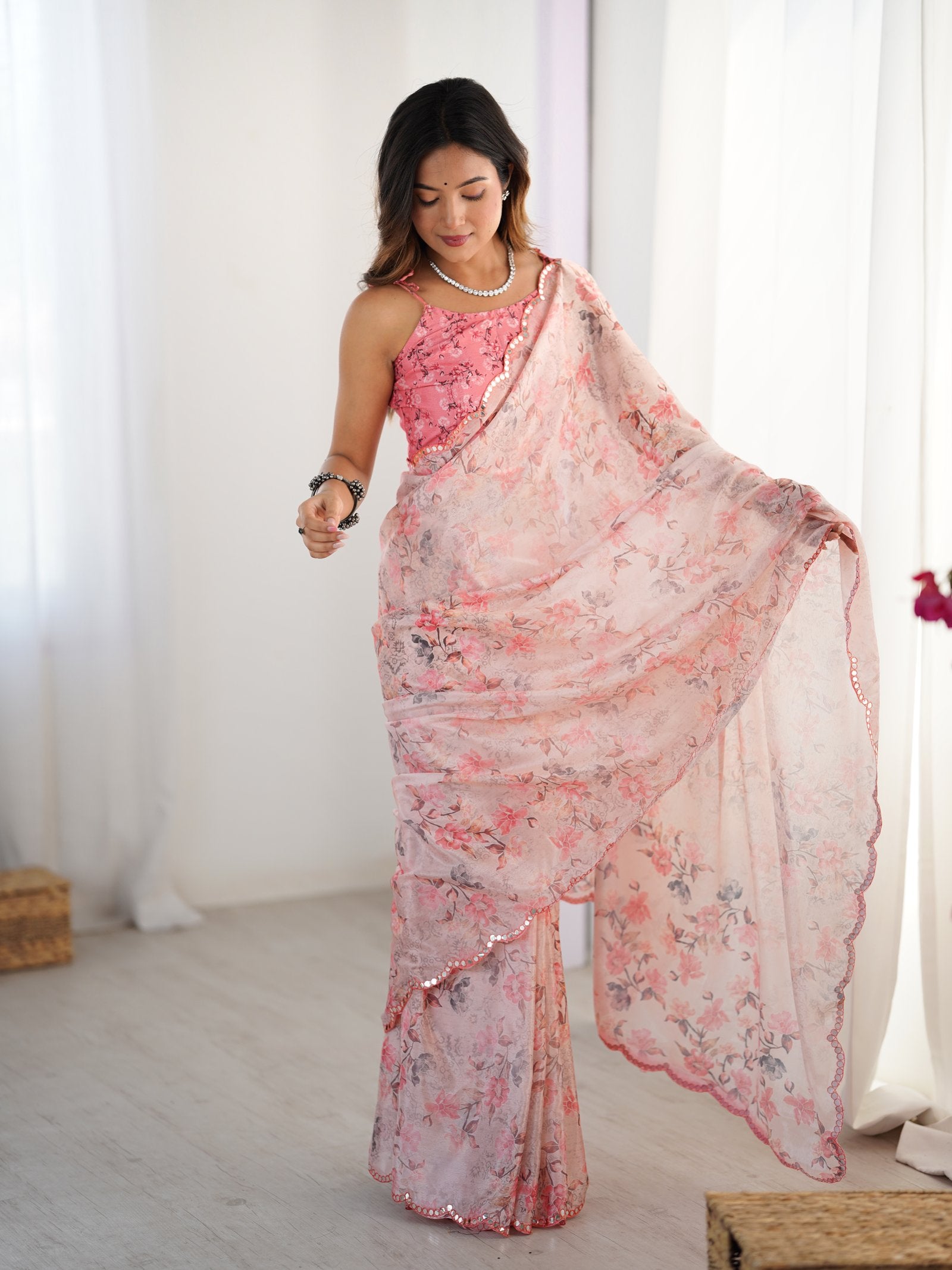 Pink Floral Print Chinnon Saree with Mirror Work Border
