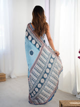 Blue Printed Chinnon Saree with Kutchi Mirror Border